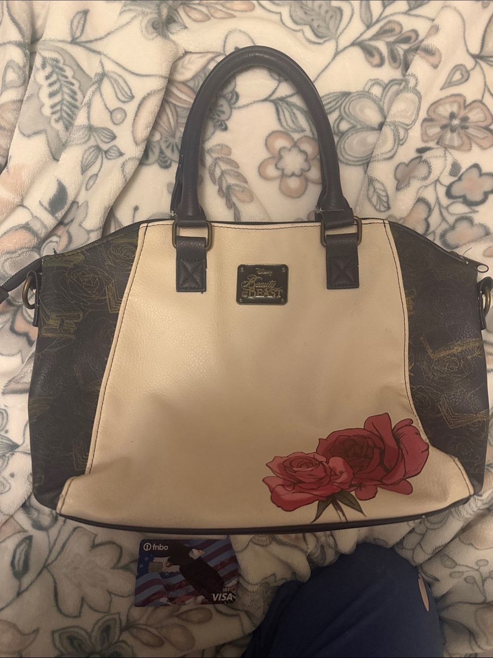 Loungefly Beige and Dark Brown Rose Tote with Red Floral Accent